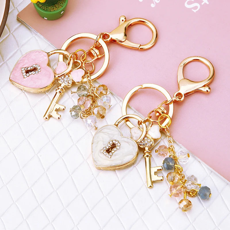 Rhinestone Key Heart Lock Keychain
